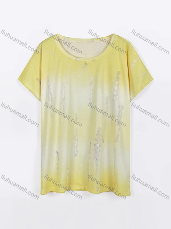 Wholesale Women's Casual Round Neck Short Sleeve Gradient Distressed T-shirt