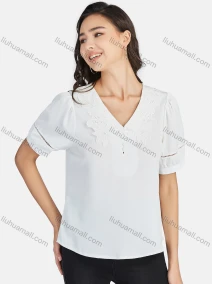 Wholesale Women's Casual Plain V Neck Embroidery Applique Short Sleeve Blouse, LIUHUA CLOTHING WHOLESALE