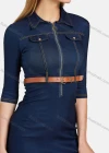 Wholesale Women's Casual Plain Turn Down Collar Half Sleeve Zipper Fake Pockets Midi Denim Dress With Belt - Liuhuamall
