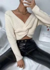 Wholesale Women Plain V Neck Twist Front Long Sleeve Knitted Crop Tops - Liuhuamall