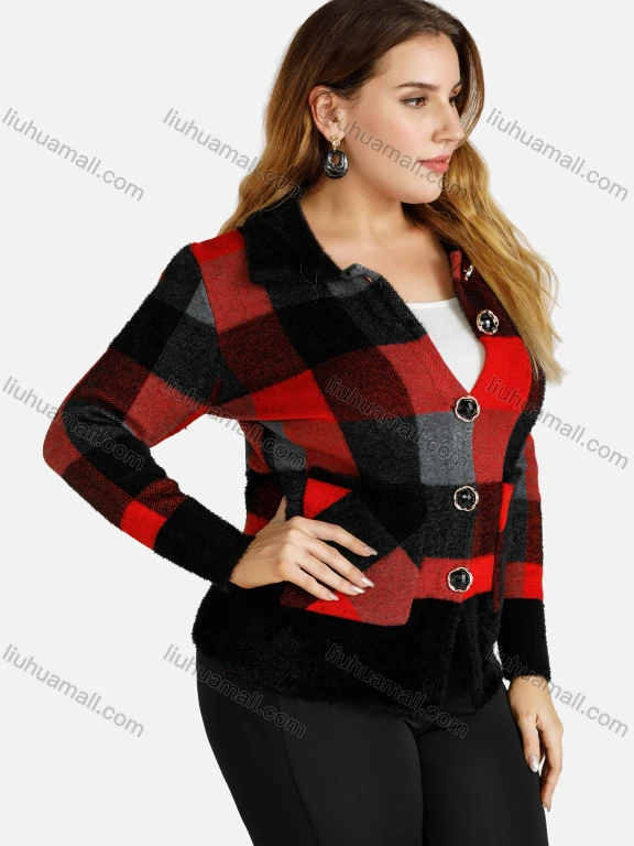 Wholesale Women's Button Front Plaid Collared Casual Knitted Coat With Patch Pocket