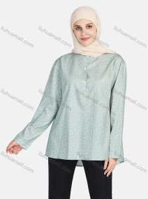 Wholesale Women's Casual Allover Ditsy Floral Stand Collar Button Front Long Sleeve Blouse 1399-Green#, LIUHUA CLOTHING WHOLESALE