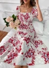 Wholesale Women's Casual Floral Print Bateau Neck Short Sleeve Shirred Ruched Midi Dress - Liuhuamall