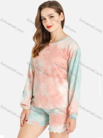 Wholesale Women's Tie Dye Long Sleeve Henley Shirt & Shorts 2 Piece Sleepwear Set, LIUHUA CLOTHING WHOLESALE