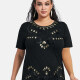 Women's Elegant Round Neck Floral Sequin Embroidery Short Sleeve T-Shirt Black Clothing Wholesale Market -LIUHUA