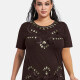 Women's Elegant Round Neck Floral Sequin Embroidery Short Sleeve T-Shirt Chocolate Clothing Wholesale Market -LIUHUA
