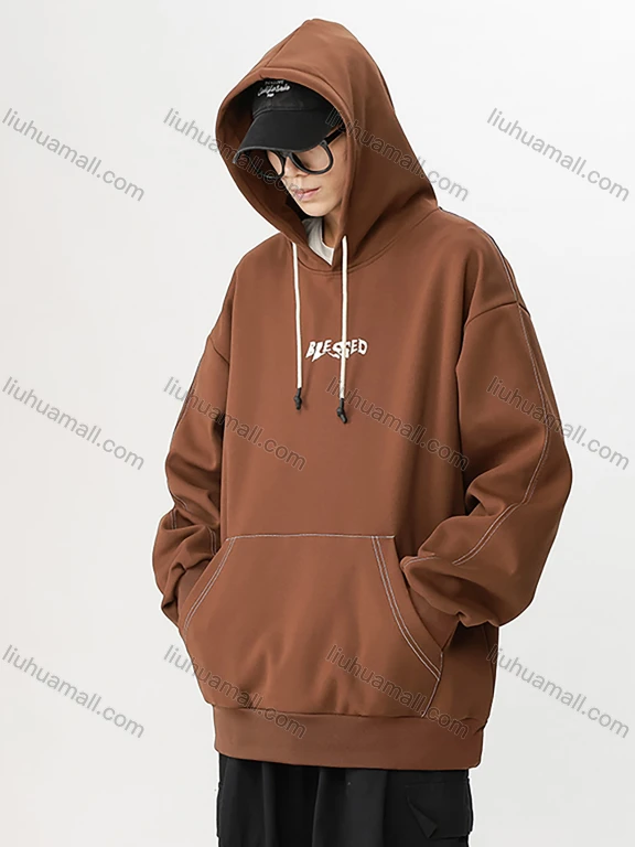 Wholesale Men's Casual Letter Long Sleeve Kangaroo Pocket Thermal Drawstring Hoodie