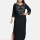 Women's African Embroidery Robe 3/4 Sleeve Split Side Curved Hem Maxi Dress Black Clothing Wholesale Market -LIUHUA