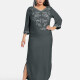 Women's African Embroidery Robe 3/4 Sleeve Split Side Curved Hem Maxi Dress Dark Gray Clothing Wholesale Market -LIUHUA