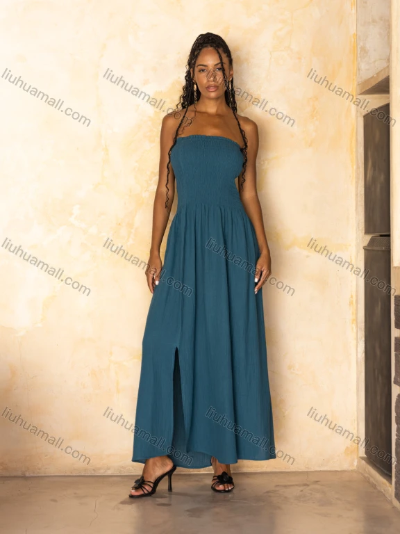 Wholesale Women's Casual Plain Shirred Ruched Strapless Split Front Woven Maxi Dress V5429#