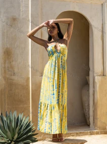 Wholesale Women's Casual Abstract Print Lace Up Back Ruched Ruffle Hem Woven Maxi Halter Dress V5433#, LIUHUA CLOTHING WHOLESALE