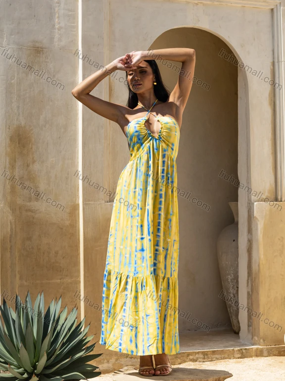 Wholesale Women's Casual Abstract Print Lace Up Back Ruched Ruffle Hem Woven Maxi Halter Dress V5433#