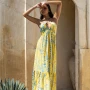 Wholesale Women's Casual Abstract Print Lace Up Back Ruched Ruffle Hem Woven Maxi Halter Dress V5433# preview