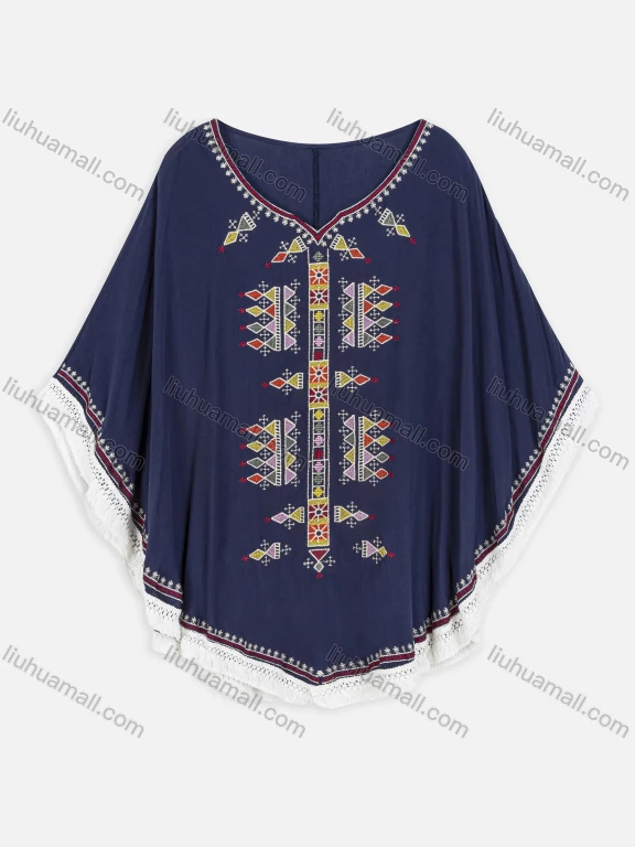 Wholesale Women's Boho Notched Neck Bat Sleeve Embroidery Poncho 8604#