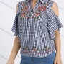 Wholesale Women's Collared Gingham Print Cold Shoulder Floral Embroidery Blouse preview