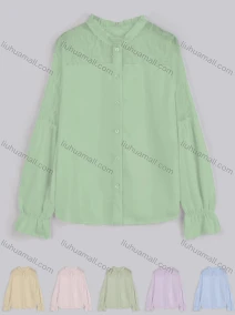 Wholesale Women's Casual Plain Ruffle Neck Poet Sleeve Sheer Lace Button Down Shirt, LIUHUA CLOTHING WHOLESALE