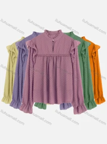 Wholesale Women's Casual Plain Chiffon Ruffle Neck Jacquard Swiss Dot Ruffle Trim Sheer Mesh Blouse, LIUHUA CLOTHING WHOLESALE