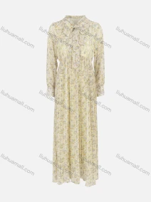 Wholesale Women's Elegant Long Sleeve Floral Print Pleated Hem Maxi Chiffon Dress, LIUHUA CLOTHING WHOLESALE