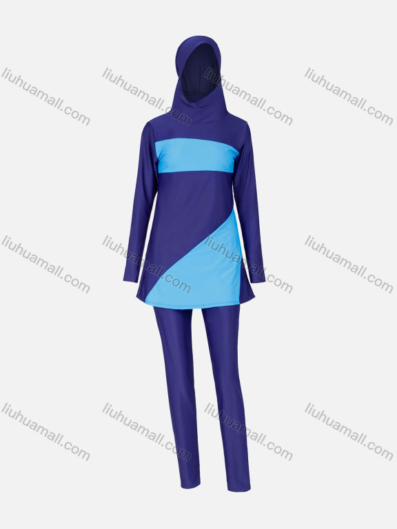 Wholesale Women's Muslim Athletic Colorblock Full Coverage Swimwear Burkini Swimsuit With Hijab 2 Piece Set