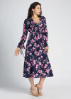 Wholesale Women's Allover Floral Print Long Bell Sleeve Pleated V Neck Flared Midi Dress - Liuhuamall