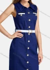 Wholesale Women's Casual Collared Dual Pockets Leather Belt Button Down Denim Dress - Liuhuamall