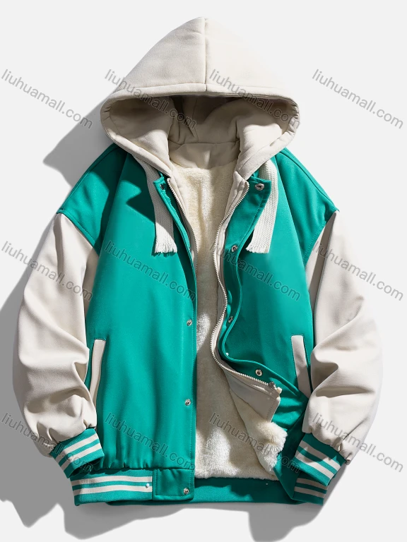 Wholesale Men's Casual Plain Contrast Long Sleeve Pocket Button Down Drawstring Unisex Hooded Baseball Jacket 6896#