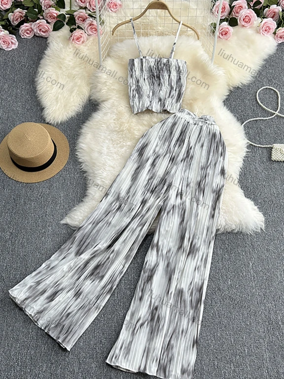 Wholesale Women's Vacation Tie Dye Shirred Cami Top & High Waist Wide Leg Pleated Pant 2 Piece Sets