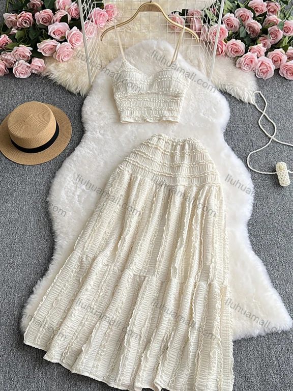 Wholesale Women's Vacation Plain Ruffle Trim Shirred Cami Top & Maxi Skirts 2 Piece Sets