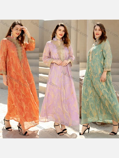 Wholesale Women's Elegant Gold Thread Embroidery Button Beaded Decor Notched Folk Art Long Sleeve Abaya Maxi Dress