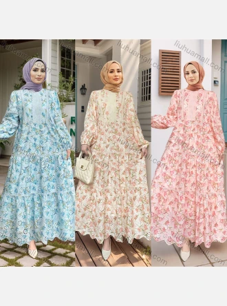 Wholesale Women's Elegant Floral Eyelet Embroidered High Waist Ruched Ruffle Hem Islamic Muslim Maxi Dress, LIUHUA CLOTHING WHOLESALE