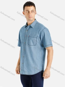 Wholesale Men's Casual Plain Short Sleeve Pocket Button Front Denim Shirt, LIUHUA CLOTHING WHOLESALE