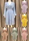 Wholesale Women's V Neck Shirred Lantern Sleeve Plain High Waist Casual Dress - Liuhuamall