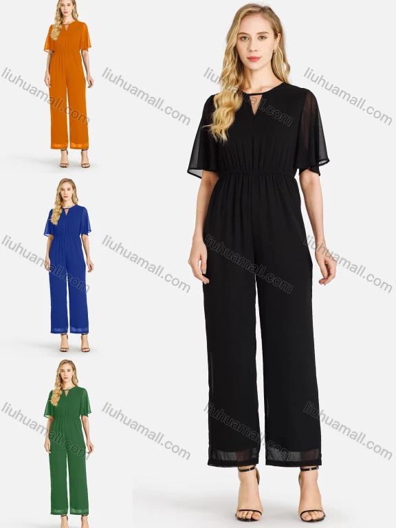 Wholesale Women's Casual Plain Cut Out Neck Zip Back Mesh Short Sleeve Jumpsuit