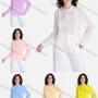 Wholesale Women's Casual Plain Tie Neck Long Sleeve Ruffle Trim Button Down Shirt V2840# preview