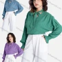 Wholesale Women's Casual Plain Tie Neck Long Sleeve Crop Blouse V2740# preview