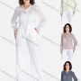 Wholesale Women's Casual Allover Print Semi-sheer Ruffle Neck Button Down Ruffle Trim Shirt V2609# preview