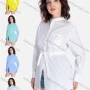 Wholesale Women's Casual Plain Stand Collar Long Sleeve Flap Pockets Tie Front Shirt V2452-1# preview