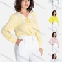 Wholesale Women's Casual Plaid Print Lace Trim Tie Neck Button Down Long Sleeve Shirt V2851# preview
