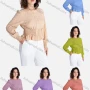 Wholesale Women's Casual Plain Ruffle Neck Button Front Shirred Long Sleeve Blouse V2637-1# preview