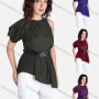 Wholesale Women's Casual Plain Round Neck One Side Sleeve Asymmetrical Hem Blouse With Belt V2138# preview