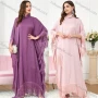 Wholesale Women's Arabic Muslim Islamic Plain Bat Sleeve Dubai Tassel Hem Kaftan Dress With Scarf 3297# preview