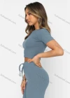 Wholesale Women's Casual Plain Slim Fit Round Neck Short Sleeve Crop Top & Drawstring High Waiist Pants 2 Piece Set 211071# - Liuhuamall