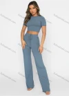 Wholesale Women's Casual Plain Slim Fit Round Neck Short Sleeve Crop Top & Drawstring High Waiist Pants 2 Piece Set 211071# - Liuhuamall