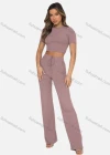 Wholesale Women's Casual Plain Slim Fit Round Neck Short Sleeve Crop Top & Drawstring High Waiist Pants 2 Piece Set 211071# - Liuhuamall