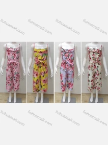 Wholesale Girls Causal Sleeveless Ruffle Trim Floral Print Jumpsuit With Belt, LIUHUA CLOTHING WHOLESALE