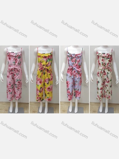 Wholesale Girls Causal Sleeveless Ruffle Trim Floral Print Jumpsuit With Belt