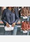 Wholesale Women's Casual Plain Ruched Long Sleeve Blouse - Liuhuamall