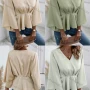 Wholesale Women's Casual Plain V Neck Long Sleeve Ruffle Hem Blouse preview