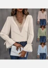 Wholesale Women's Casual Plain V Neck Embroidery Long Sleeve Blouse - Liuhuamall