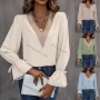 Wholesale Women's Casual Plain V Neck Embroidery Long Sleeve Blouse preview